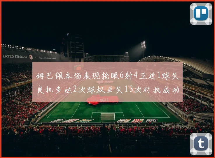 姆巴佩本场表现抢眼6射4正进1球失良机多达2次球权丢失13次对抗成功仅6次